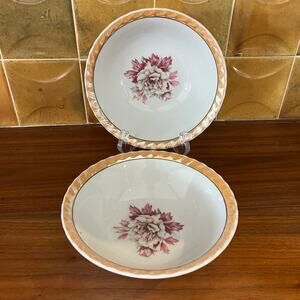 Vintage Lustreware Peony Scalloped Peach Lustre Trim 6" Bowls 1950s Set of 2